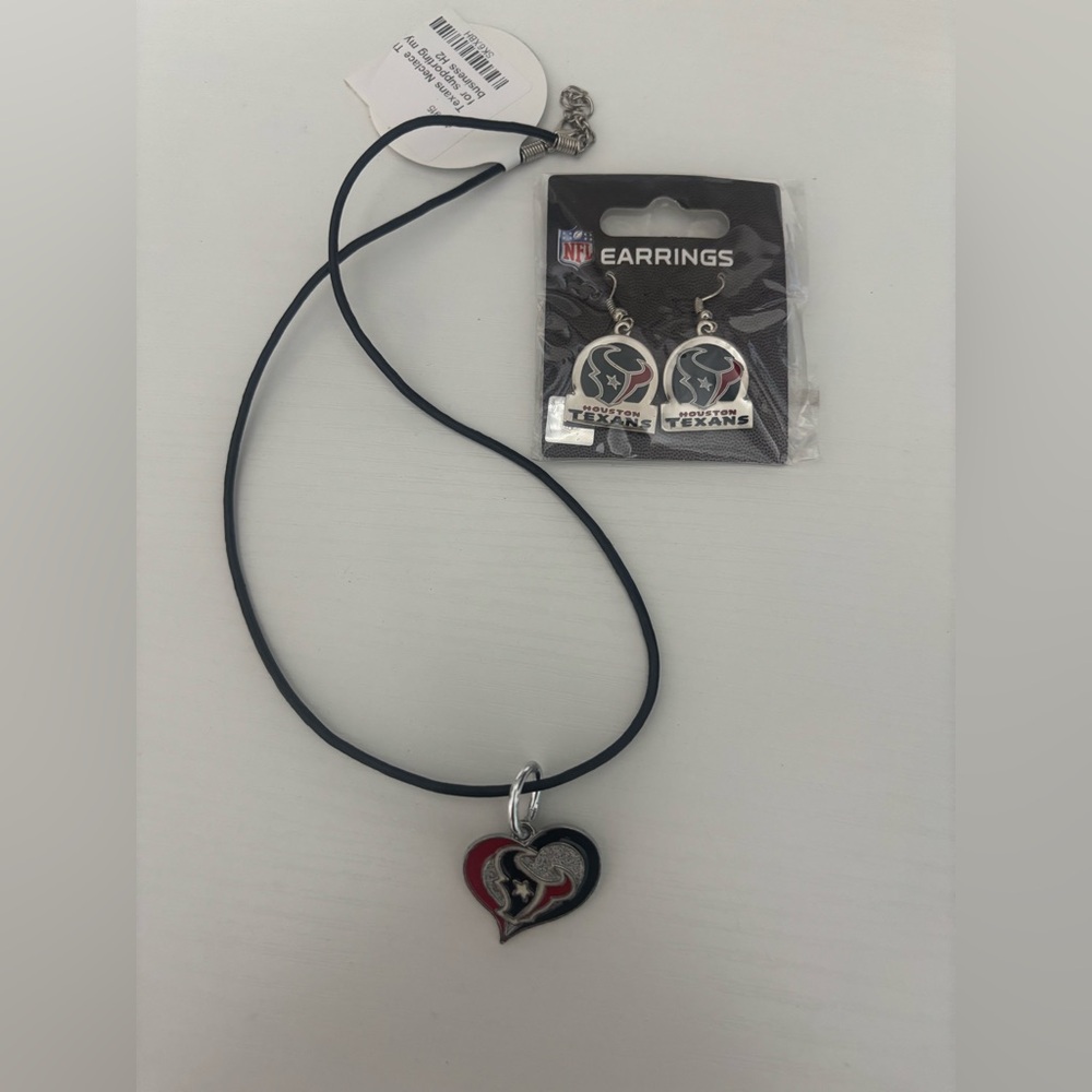 NFL Texans Heart Necklace and Earrings - Red, Blue, Silver